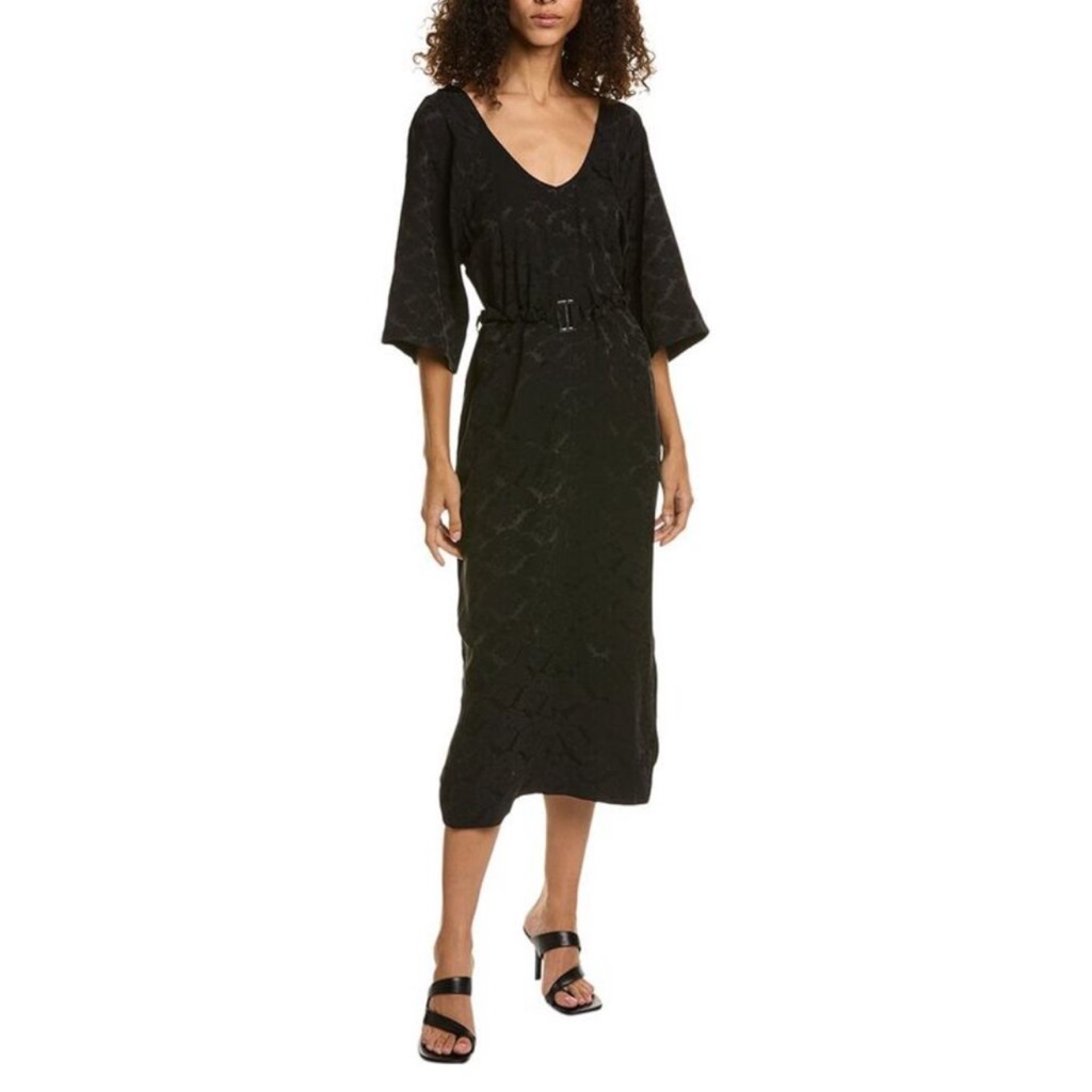 Ganni Black Floral Jacquard Midi Dress Vneck Oversized Size 2 Eu 34 Nwt